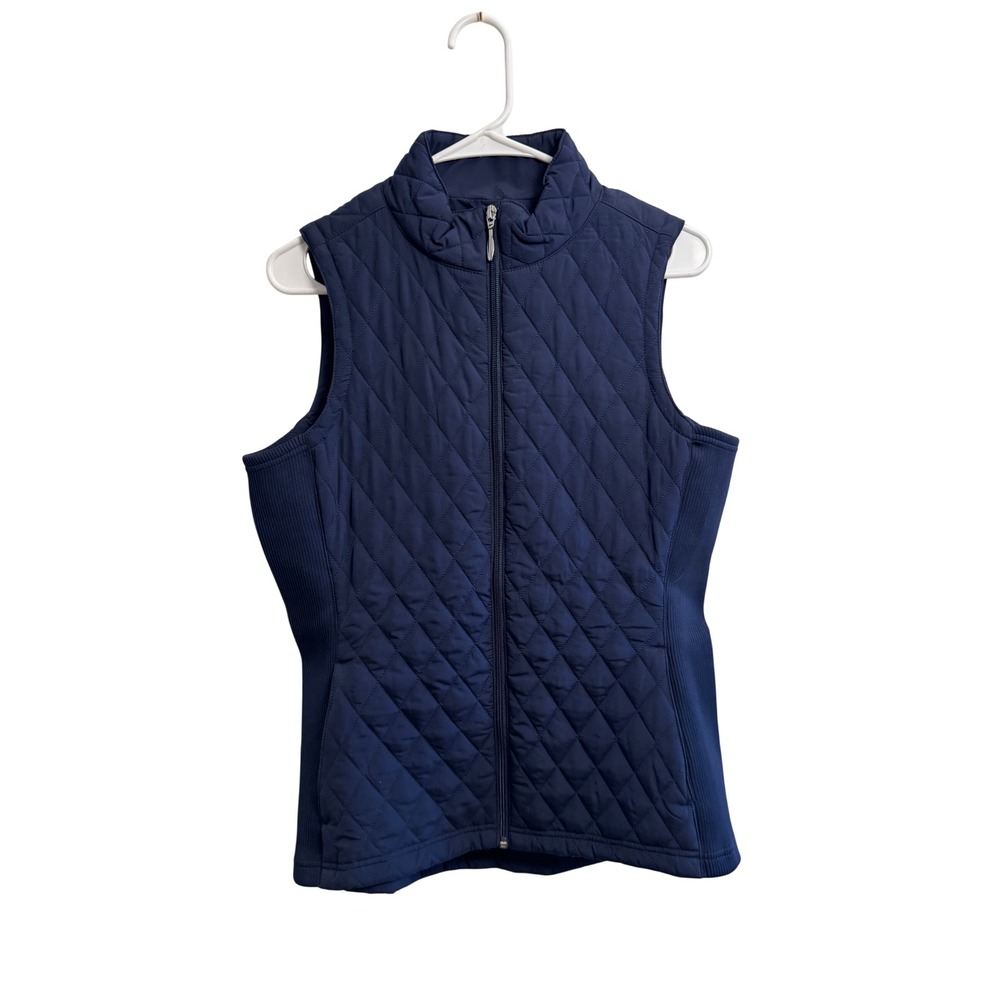Straight Down Navy Blue Diamond Quilted Full Zip Vest Ribbed Sides Womens Medium